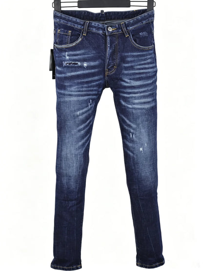 6057 Four Seasons New Men's Wear Washed Ripped Patch Paint Slim-fit Feet Blue Jeans for Men