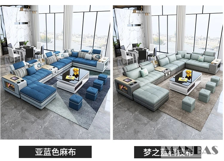 Modern U-Shaped Fabric Couch with Stools, Sectional Sofa Set with Storage Console & Cup Holder, Modular Corner Sofa with Pillows