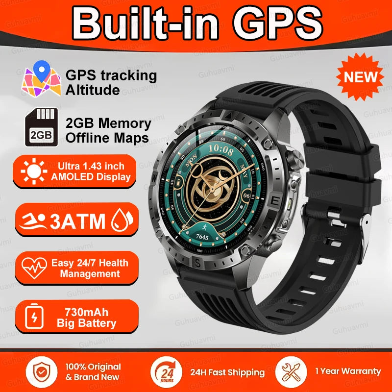 Smart Watch Men GPS Track 30 meters Swim Waterproof  Sports Fitness GPS Precise Positioning Offline Map 2GB Memory Smart Watchs