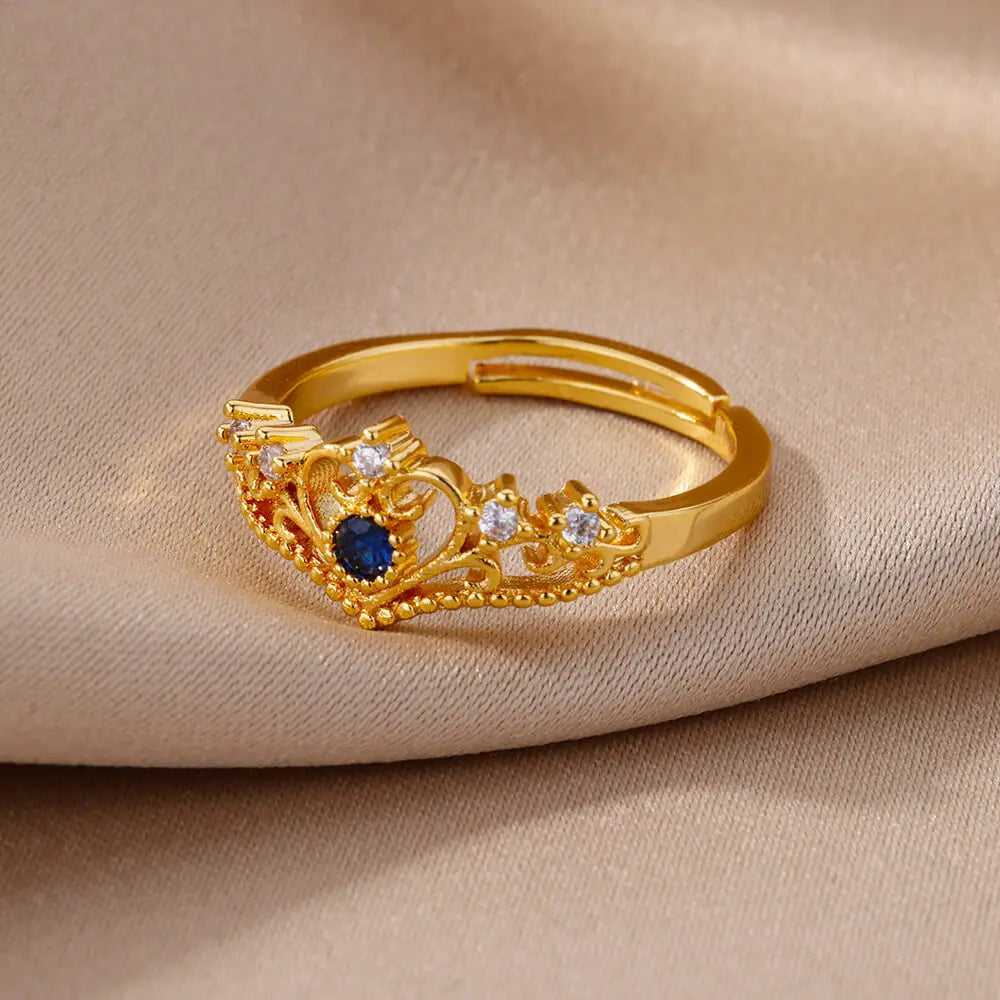 Blue Zircon Crown Rings For Women Stainless Steel Gold Color Adjustable Crown Ring 2026 Trend Design Female Wedding Jewerly Gift
