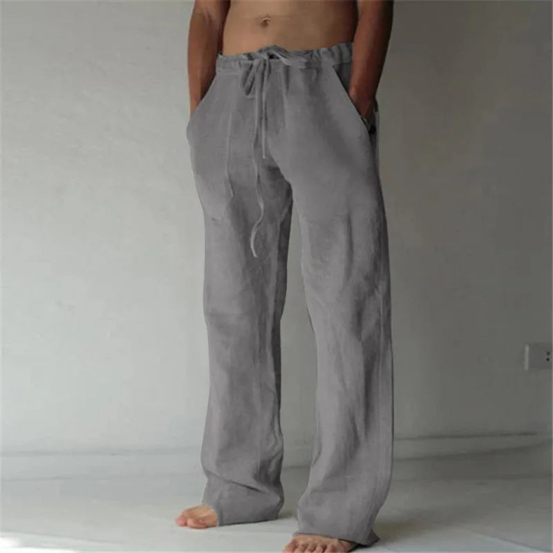 Men's Cotton Linen Long Pants Summer Solid Color Breathable Linen Trousers Male Casual Elastic Waist Casual Pants  Men ﻿