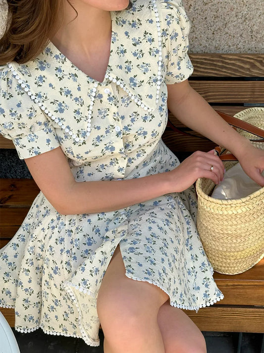Bornladies 2026 Summer New Floral Short Sleeve Dress Women's Elegant Slim Fit Sweet Button Front Puff Sleeves Mini Dress