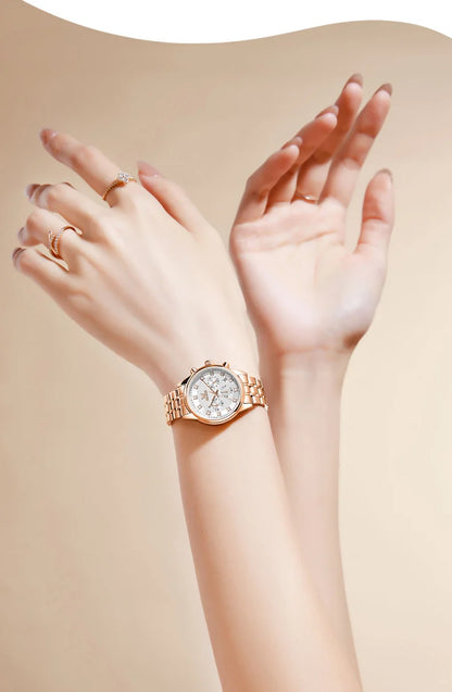 OLEVS 3669 Original Chronograph Quartz Wristwatch for Lady Calendar Waterproof Steel Strap Elegant Dress Women's Watches