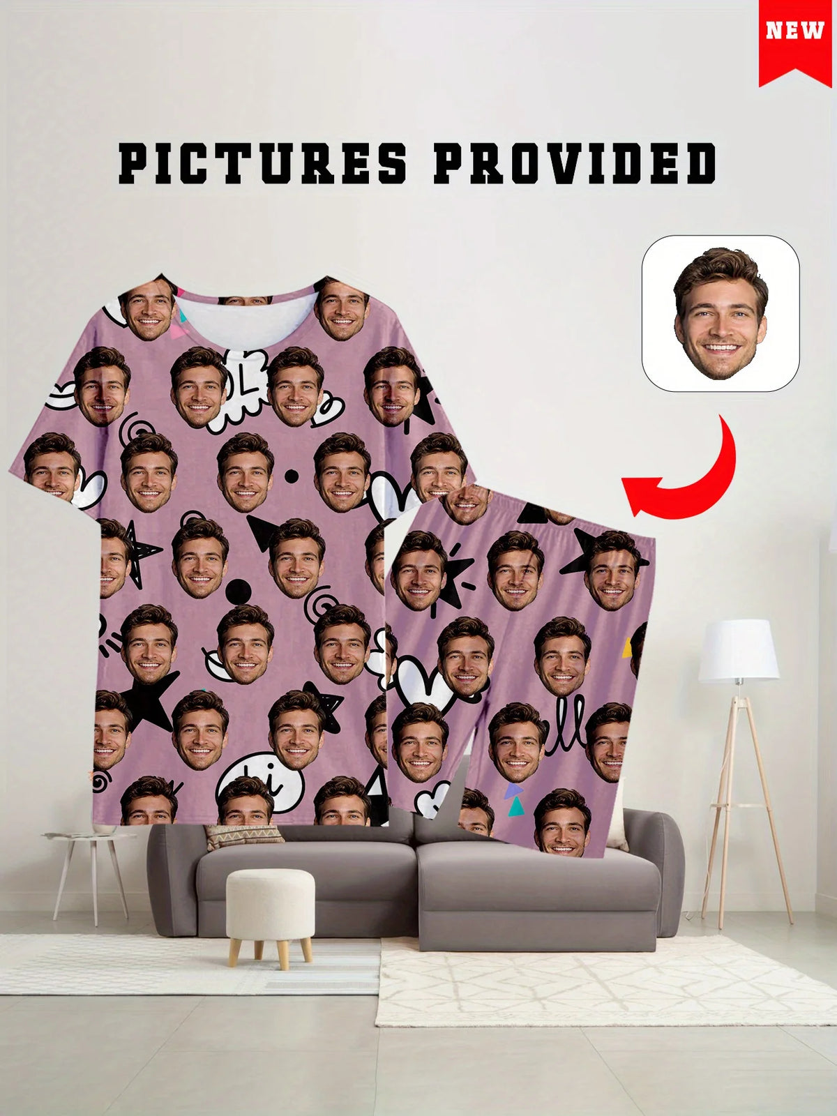 Men's Women's Facial Printed T-Shirt Shorts Set Personal Photo Customize Pajamas Comfortable Loose Home Set Valentine's Day Gift