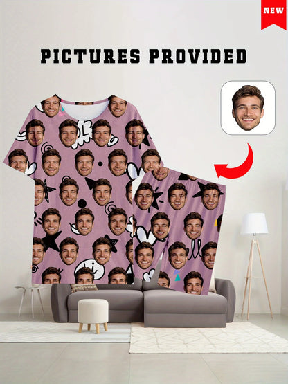 Men's Women's Facial Printed T-Shirt Shorts Set Personal Photo Customize Pajamas Comfortable Loose Home Set Valentine's Day Gift