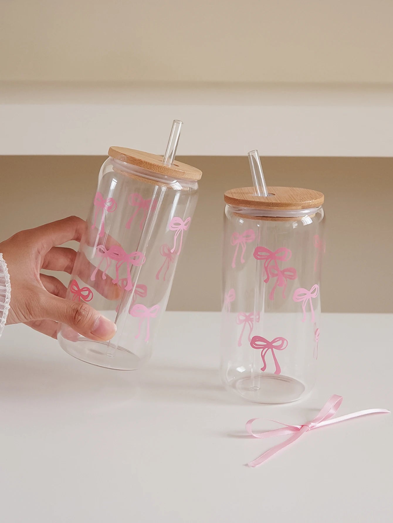 1/2/4/6Pcs Glass Cups with Bowknot Print, with Lid and Straw, Exquisite and High-End Bowknot Glass Cups, Suitable for Home Decoration, Daily Household Drinking Cups, Outdoor Picnic Cups, Party Cups, Breakfast Milk Cups, Gift-