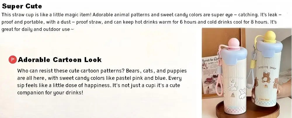 Cute Cat Thermal Water Bottle With Straw Bow Sticker Stainless Steel Thermos For Hot Cold Water Coffee Tea Thermal Cup 600ml