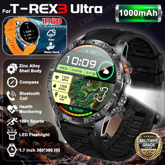LIGE New Military For T-Rex 3 Ultra Smart Watch 1000mAh Battery IP68 Waterproof Compass Flashlight Sports Tracker Smartwatch Men
