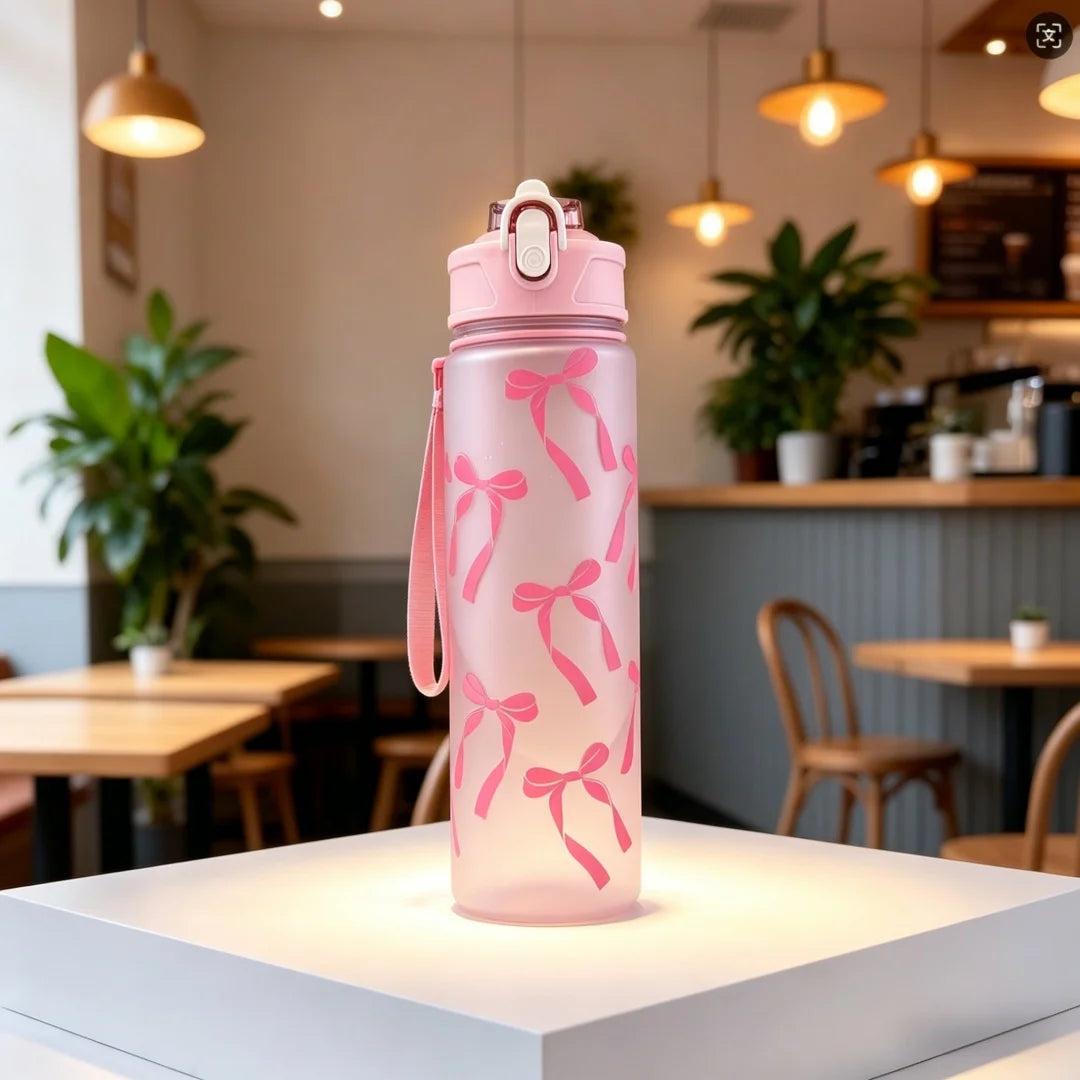 Water Bottle with Full Print of Flowers and Bowknot Patterns, Trendy & Stylish, Lightweight with Portable Lanyard, Durable