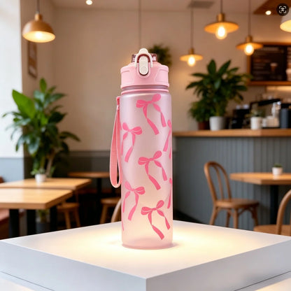 Water Bottle with Full Print of Flowers and Bowknot Patterns, Trendy & Stylish, Lightweight with Portable Lanyard, Durable