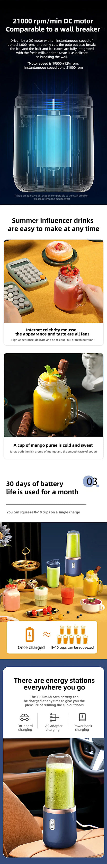 Portable Multifunction Blender Bottle Electric 6 Blades  Juice Blender Fresh Juice Smoothie Blender Ice CrushCup Food Processor