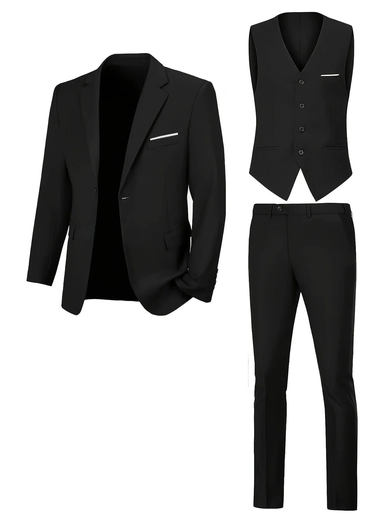 Men's Smart Casual 3-Piece Suit Single Breasted Solid Slim Fit Elegant Office Party Wedding Set