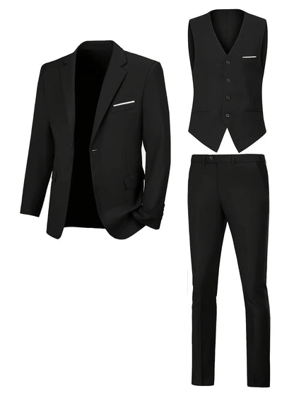 Men's Smart Casual 3-Piece Suit Single Breasted Solid Slim Fit Elegant Office Party Wedding Set
