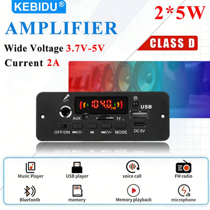 KEBIDU Bluetooth 5.0 MP3 Player With Mic 10W Amplifier WMA WAV APE Decoder Board Handsfree Car Audio Player USB AUX TF FM Radio
