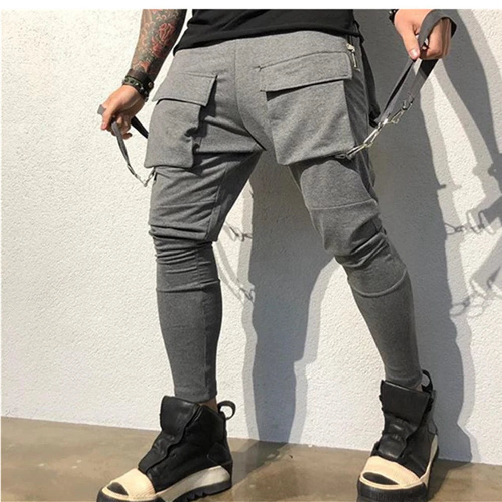 Men Running Stretch Tights Sweatpants Sports Absorbing Breathable Fitness Casual Cotton Multi Pocket Pants Slim Leggings