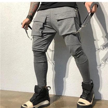 Men Running Stretch Tights Sweatpants Sports Absorbing Breathable Fitness Casual Cotton Multi Pocket Pants Slim Leggings