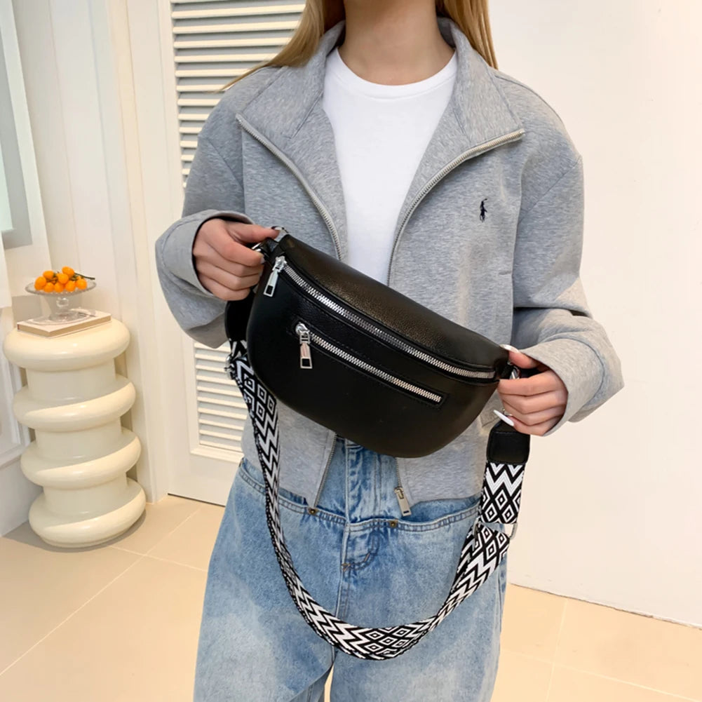 2024 Luxury Designer Women's Chest Bag PU Leather Wide Strap Shoulder Crossbody Bag Female Fashion Fanny Pack Banana Waist Bag