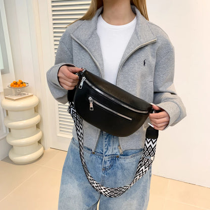 2024 Luxury Designer Women's Chest Bag PU Leather Wide Strap Shoulder Crossbody Bag Female Fashion Fanny Pack Banana Waist Bag