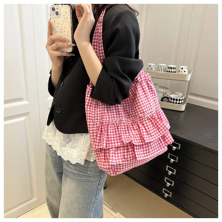 Cute Plaid Cotton Tote Bag Large Capaci Lace Trim Women's Summer 2026 Simple Lady Handbag Soft Shoulder Bags Bolsa Feminina