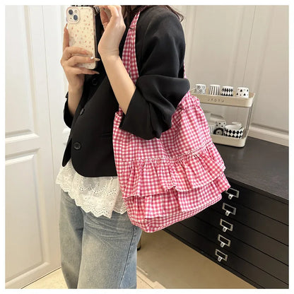 Cute Plaid Cotton Tote Bag Large Capaci Lace Trim Women's Summer 2026 Simple Lady Handbag Soft Shoulder Bags Bolsa Feminina