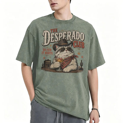 Vintage Washed Western Cowboy Cat T-shirt Cute Animal Manga T-shirts Men Women Cotton Casual Oversized T Shirt Tops
