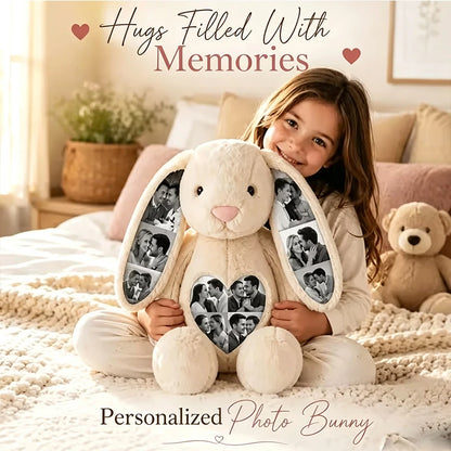 Custom Heart Photo Bunny Plush – Personalized Hidden Ear Picture Bunny Custom Text Anniversary Gift for Couples Sweethearts