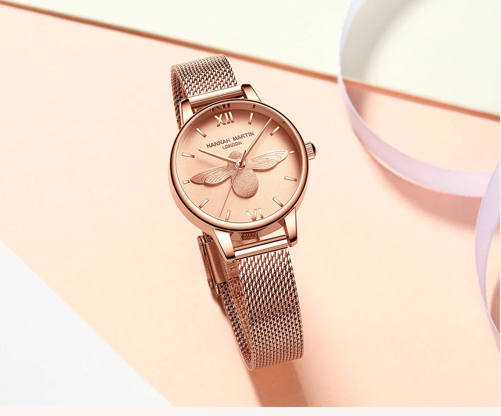 Hannah Martin 2023 New Women Luxury Watch Rose Gold 31mm Classic Casual Girl Dress Watch Bracelet Set 3D Engraved Bee Dial Clock