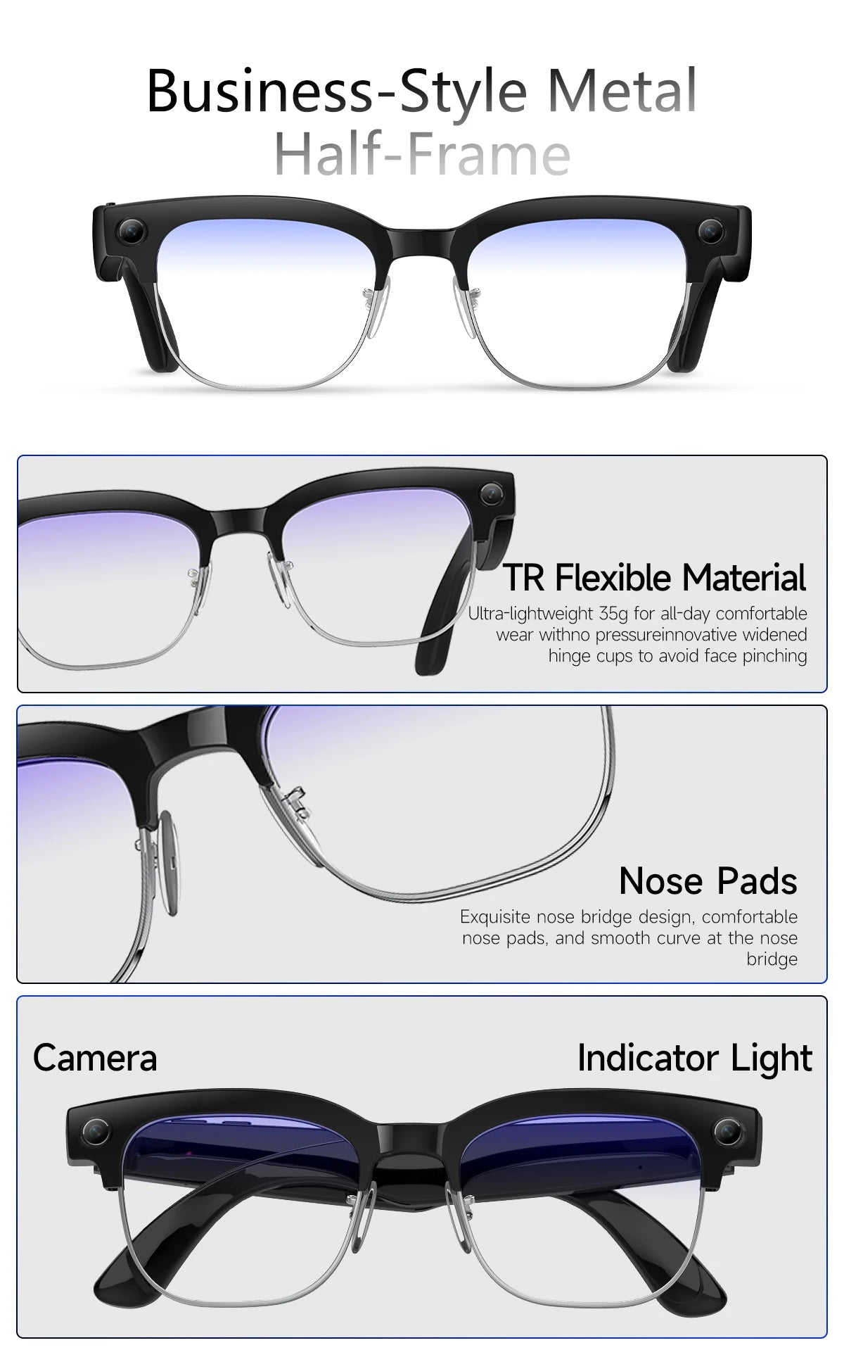 2026 Newest 8MP AI Smart Glasses 1080P HD Camera Video Recording 32GB 120+ Languages Translation Bluetooth Call Music Sunglasses