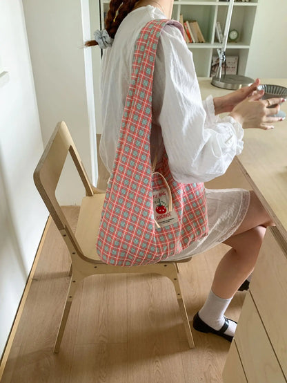 Cartoon Tomato Standard Plaid Vest Bag Large-Capacity Student Class Double-sided Backpack Fashionable Versatile Shoulder Bag
