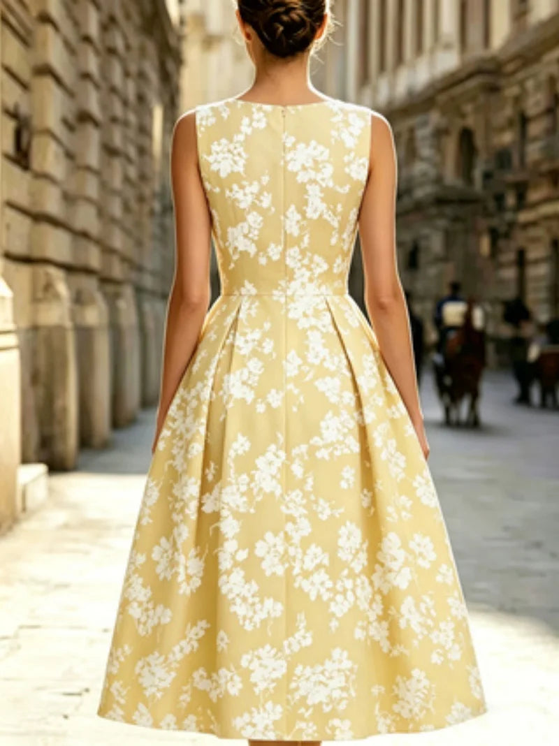 Floral Short-Sleeve Dress Round Neck Fitted Waist A-Line Mid-Length European Style French Charm Women's Casual Dresses