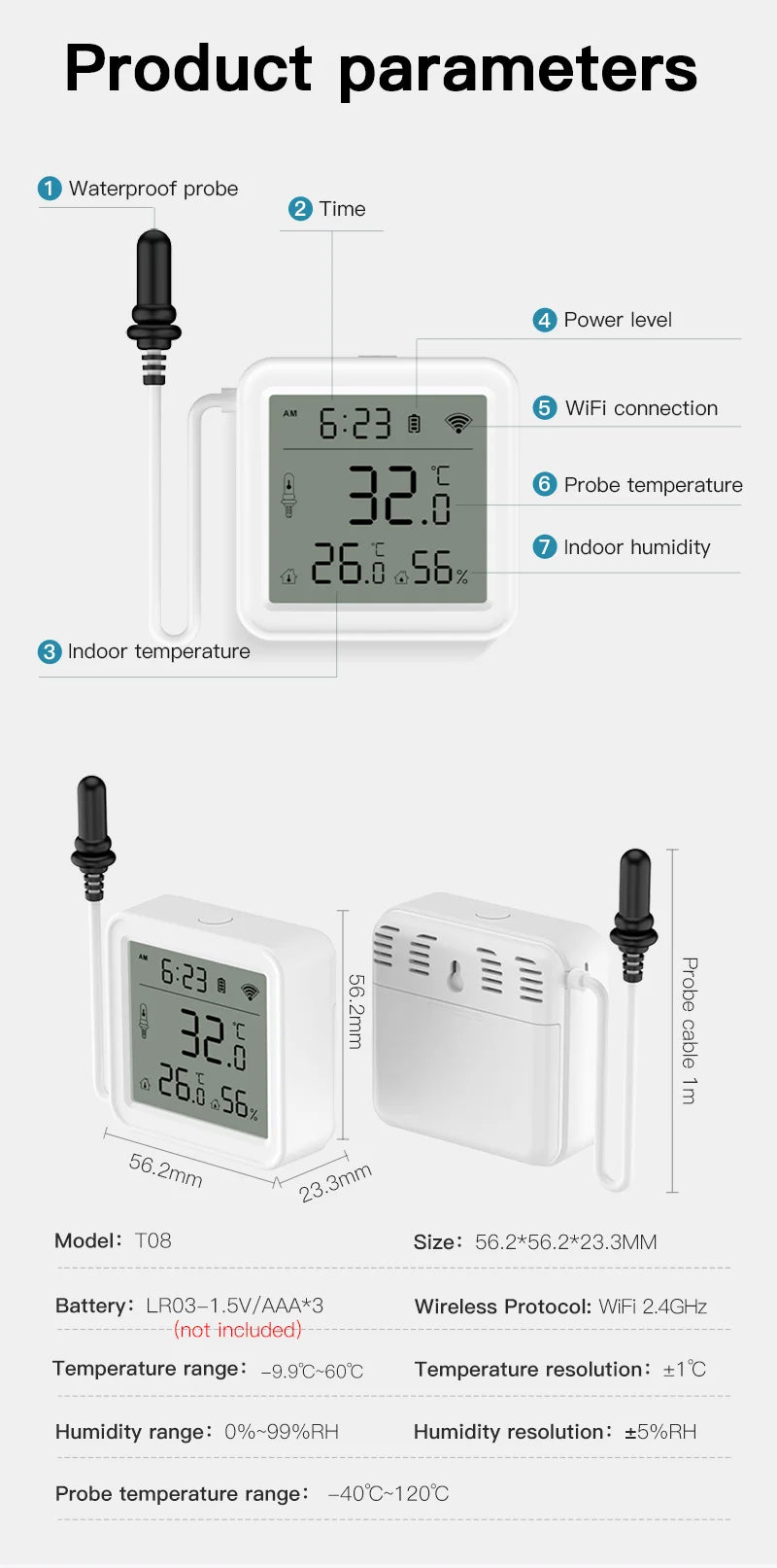 Tuya Zigbee WiFi Temperature and Humidity Sensor with External Probe Smart Home Thermometer work with SmartLife,for Refrigerator