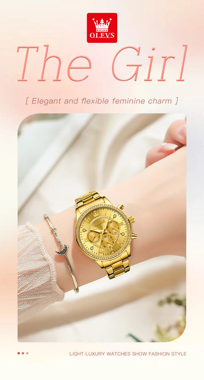 OLEVS Women's Watches Top Brand Luxury Original Quartz Watch for Ladies Chronograph Waterproof Luminous Rhinestone Dial 24 Hour