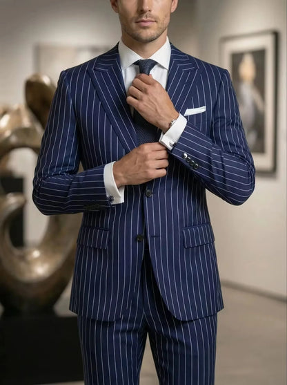Navy Blue Pinstripe Men's Suits Fashion Peaked Lapel Two Buttons Groom Wedding Business Prom Party Male Suit (Jacket+Pant)