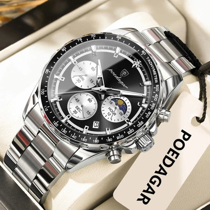 POEDAGAR Top Original Man Wristwatch Waterproof Stainless Steel Luminous Men Clock Chronograph Date Quartz Sports Men's Watches