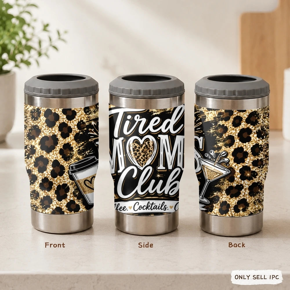 Mama Needs a Drink Leopard Vacuum Flasks 4-in-1 Stainless Steel Can Cooler Insulated Beer Soda Coffee Holder Dual Lids Fits 12oz