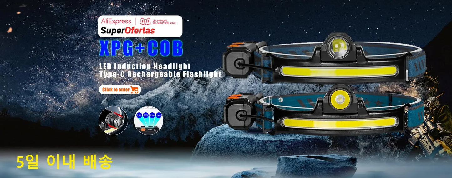 Czołówka USB, ładowalna, indukcyjna, z czujnikiem COB LED, wbudowana bateria, latarka, 5 trybów świecenia, reflektor
