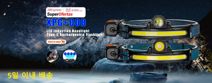 Czołówka USB, ładowalna, indukcyjna, z czujnikiem COB LED, wbudowana bateria, latarka, 5 trybów świecenia, reflektor