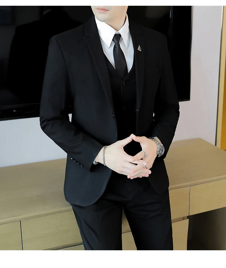 High-End Men's Wedding Suit 3-Piece Set Handsome Banquet Smart Casual Fashionable Three-Quarter Length Vest Trousers Four Season