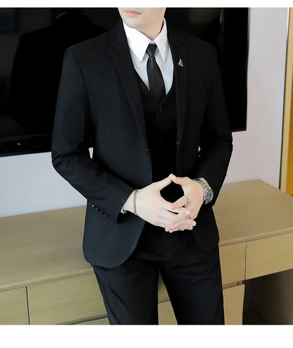 High-End Men's Wedding Suit 3-Piece Set Handsome Banquet Smart Casual Fashionable Three-Quarter Length Vest Trousers Four Season