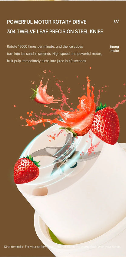 Portable Electric Juicer Cup 350mL for Smoothies Shaved Ice Juices12 Blade Stainless Steel Blender with Wireless Charging