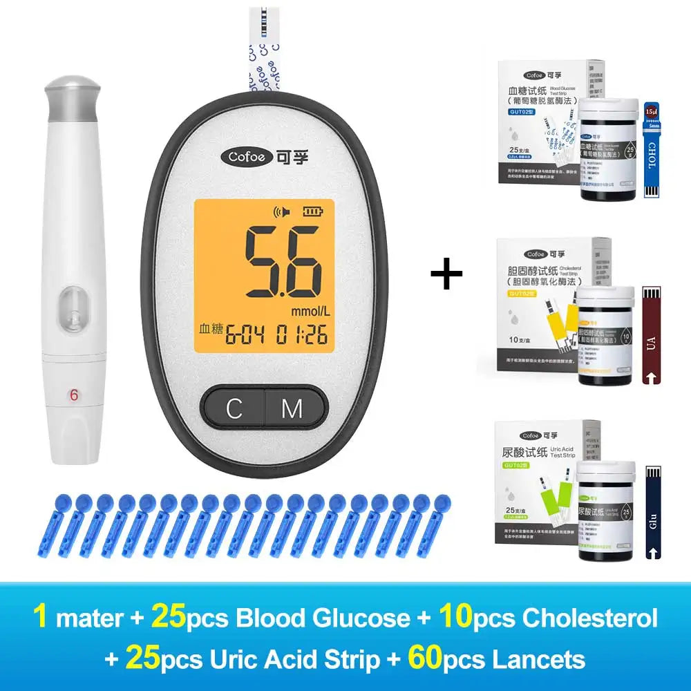 Cofoe Uric Acid, Glucose, Cholesterol 3-in-1 Monitor - Medical Grade Accuracy Blood Glucose Meter Uric Acid Cholesterol Monitor