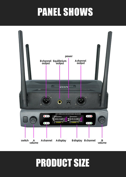 Wireless Microphone Handheld Dual Channels UHF Fixed Frequency Dynamic Mic For Karaoke Wedding Party Band Church Show