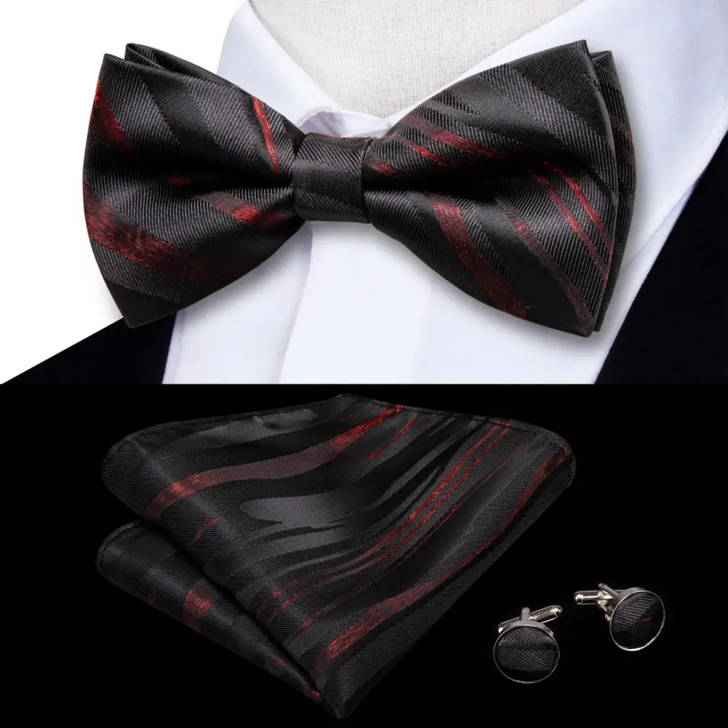 Hi-Tie Mens Bow Tie Hanky Cufflinks Set White Black Gray Silver Pre-tied Butterfly Knot Bowtie for Male Wedding silk Business