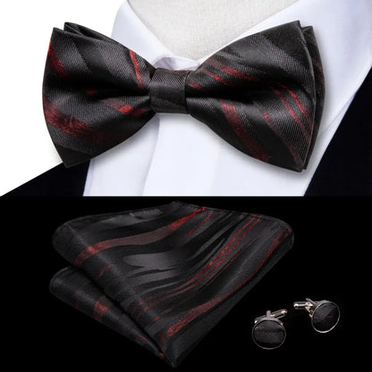 Hi-Tie Mens Bow Tie Hanky Cufflinks Set White Black Gray Silver Pre-tied Butterfly Knot Bowtie for Male Wedding silk Business