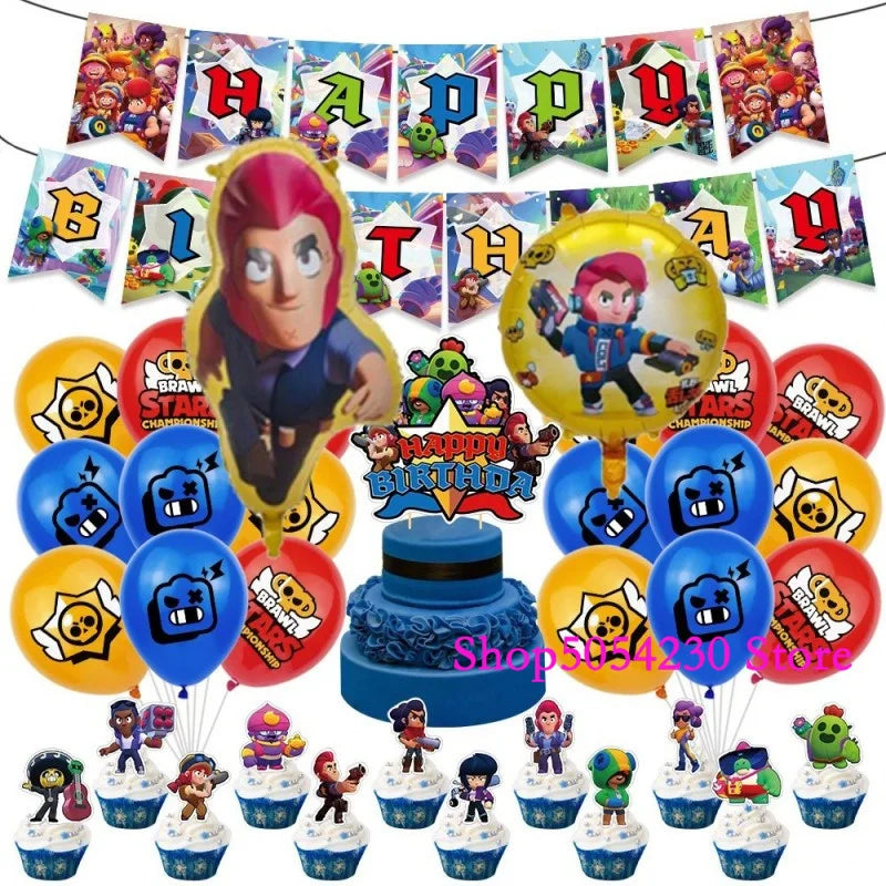 Brawl Stars Happy Birthday Party Supplies Set Cartoon Game Theme Tableware, Paper Plates & Backdrop Decorations for Celebrations