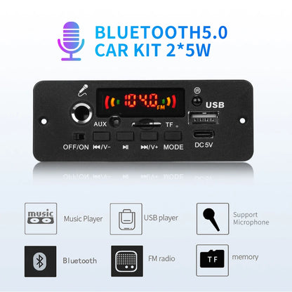 KEBIDU Bluetooth 5.0 MP3 Player With Mic 10W Amplifier WMA WAV APE Decoder Board Handsfree Car Audio Player USB AUX TF FM Radio