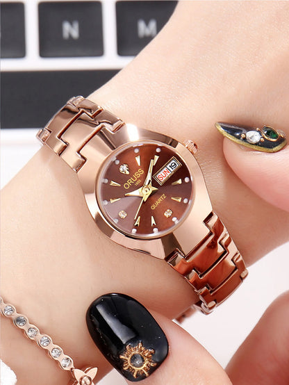 ORUSS Business Casual Womens Quartz Watches Luxury Fashion Wristwatch Stainless Steel Date Week 30M Waterproof Womens Wristwatch