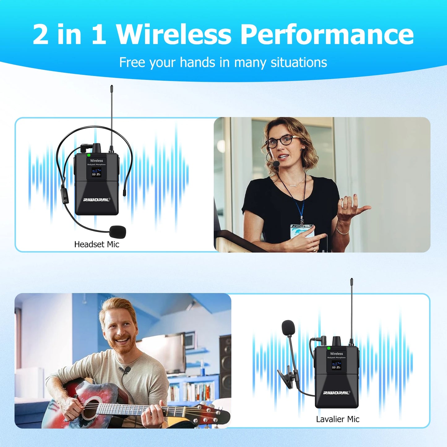 Riwoarl Wireless Transmitter System Professional UHF headset Mic 50M For Party Show Stage Wedding Church