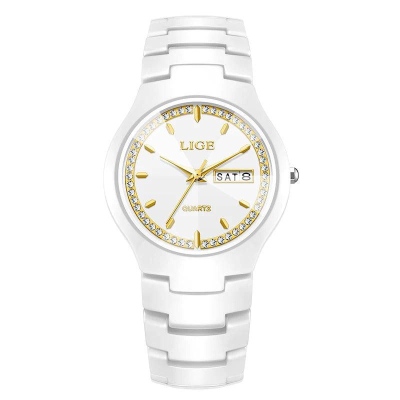 LIGE Women's wristwatch elegant women's watch ceramic quartz waterproof clock week calendar fashion Watch for Women reloj mujer
