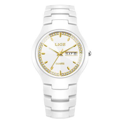 LIGE Women's wristwatch elegant women's watch ceramic quartz waterproof clock week calendar fashion Watch for Women reloj mujer
